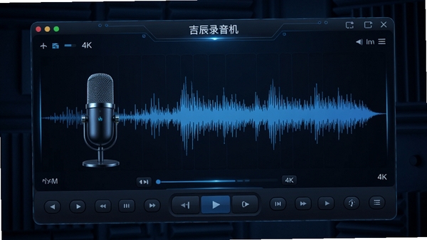 吉辰录音机软件主界面展示图,高清录音波形可视化界面,科技感蓝色调,麦克风与声波元素,4K画质