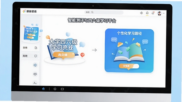 互动英语大学四六级学习平台电脑版主界面截图,展示智能测评与个性化学习路径功能,界面简洁清晰,色彩明快,突出互动与高效学习氛围