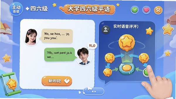 互动英语大学四六级学习平台互动微课界面,展示情景对话练习与实时语音评测功能,界面活泼有趣,具备游戏化闯关元素