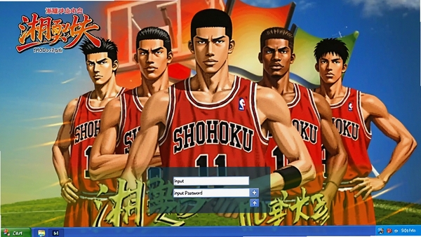 灌篮高手主题的Windows XP开机登录界面效果图,界面中央是湘北队全体成员的帅气合影,下方为输入密码的登录框,整体设计风格复古且充满动感