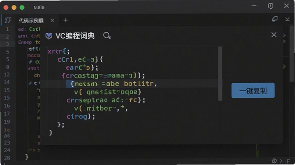 VC编程词典中代码示例展示,代码高亮显示,旁边有“一键复制”按钮,界面友好,背景为深色代码编辑器风格。