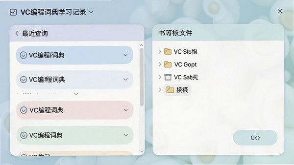 VC编程词典的学习记录界面,展示最近查询的词条列表和书签文件夹,界面以卡片式布局,色彩柔和。