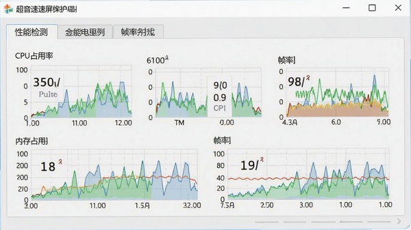 超音速屏保电脑版设置界面截图,显示“性能检测”选项卡,下方有CPU占用率、内存占用率、帧率等实时数据图表,用户界面简洁清晰,背景为浅灰色,符合软件的专业风格。