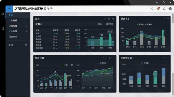 店面记账与查询系统电脑版主界面截图,展示清晰的菜单栏、数据看板与收支图表,风格现代简洁,色彩明快