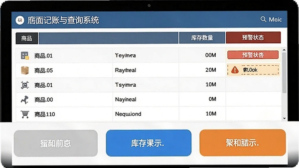 店面记账与查询系统电脑版库存管理界面,显示商品列表、库存数量与预警状态,表格样式,操作按钮醒目