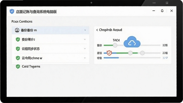 店面记账与查询系统电脑版备份设置界面,显示备份选项与云同步状态,界面简洁,有安全提示图标