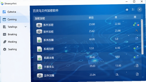 百灵鸟文件加密软件主界面展示,现代简洁风格,左侧功能导航栏,右侧加密文件列表,背景为蓝色渐变科技感