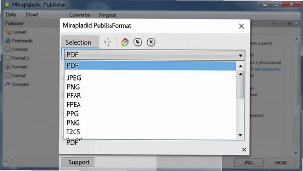 չʾMiraplacid Publisherת����ʽѡ��˵��Ľ�ͼ�������б�����PDF��JPEG��PNG�ȸ�ʽ������Ϊ�����������棬ͻ�����ʽ֧�����ԡ�