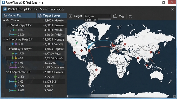 PacketTrap pt360 Tool Suite Traceroute �������н��棬չʾ�ӱ��ص�Ŀ���������ÿһ��·�ɽڵ� IP���ӳ�ʱ�估�ڵ����ƣ���ͼģʽ��ʾ����λ�á�