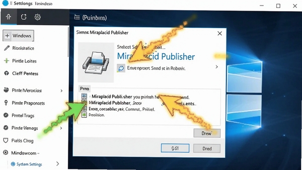 ��ʾWindows��ӡ�Ի�����ѡ��Miraplacid Publisher��Ϊ��ӡ���Ľ�ͼ����Χ�м�ͷָʾ������Ϊϵͳ���ý���