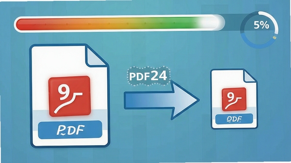 PDF24 Creator压缩功能示意图,显示一个大型PDF文件被压缩为小体积文件的过程,文件大小数字变化明显,背景为进度条和百分比
