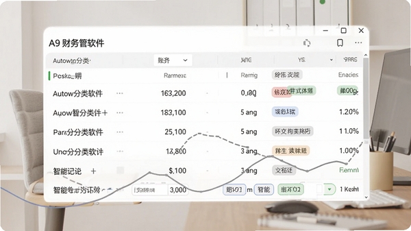 一张展示A9财务管理软件智能记账功能的截图,画面中包含自动分类的账目列表和智能识别标签,背景为淡雅的办公环境