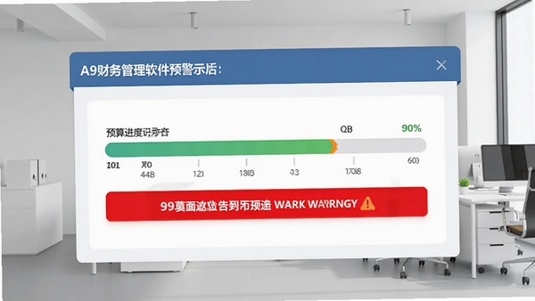 一张A9财务管理软件预算预警的界面示意图,包含预算进度条和红色预警提示,背景为简约的办公室场景