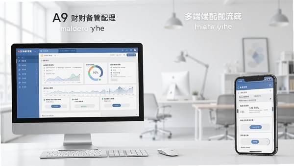 一张展示A9财务管理软件在电脑和手机上运行对比的图片,强调多端适配和流畅操作,背景为明亮的工作室