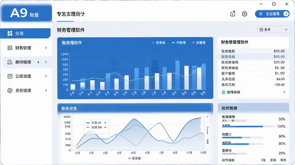 请生成一张A9财务管理软件的主界面展示图,包含清晰的账务数据图表、功能菜单栏,整体风格简洁现代,色彩以蓝色和白色为主,体现专业与科技感