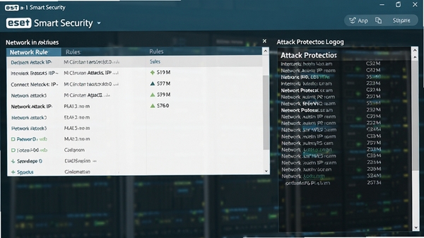 һ��Eset Smart Security����ǽ���ý��棬չʾ�������ӹ����б��͹���������־������ֱ����ʾ���صĹ���IP��������������ǿ�������������