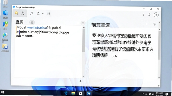 һ��չʾGoogle Translate Desktop���԰���Windows�������еĽ����ͼ�������࣬����������Ӣ���ı����Ҳ���ʾ���ķ�����������Ϊ΢���źڷ����ִ����棬����ɫ���������������ָ�Ч���볡����