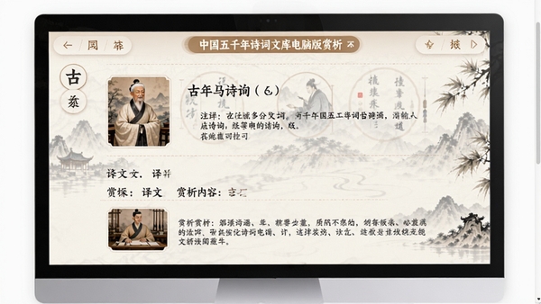 中国五千年诗词文库电脑版赏析页面,展示一首古诗的注释、译文、赏析内容,排版整洁,图文并茂