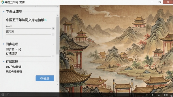 中国五千年诗词文库电脑版设置界面,展示字体调节、同步选项、存储管理等,界面清晰,操作便捷