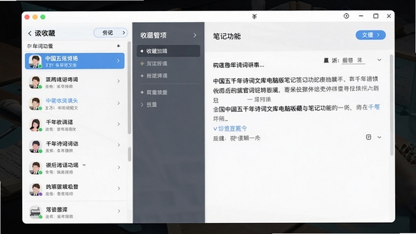 中国五千年诗词文库电脑版收藏与笔记功能展示,左侧为收藏列表,右侧为笔记编辑区,界面友好,操作流畅