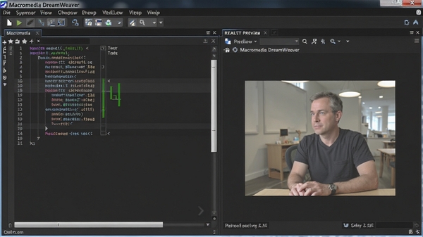 Macromedia Dreamweaver���������ͼ��չʾ����༭����ʵʱԤ�����ڣ�����Ϊ��ɫ���⣬���������ִ�