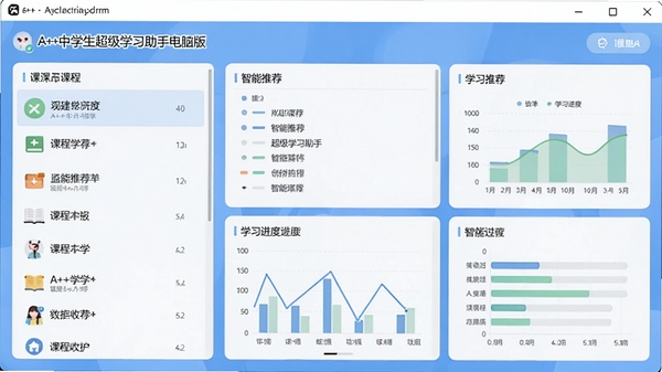 一张展示A++中学生超级学习助手电脑版主界面的截图,界面包含课程列表、智能推荐、学习进度图表等模块,风格清新明亮,适合中学生使用。