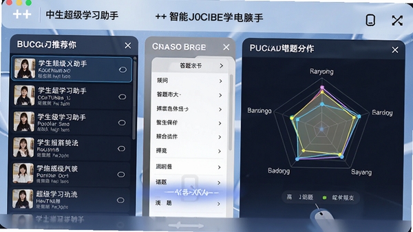 A++中学生超级学习助手电脑版智能刷题界面,展示题目列表、答题卡和错题分析雷达图,色彩鲜明,突出智能推荐功能。