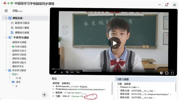 A++中学生超级学习助手电脑版同步课程页面,左侧是课程目录树,右侧为视频讲解窗口,下方显示笔记和习题,界面整洁。