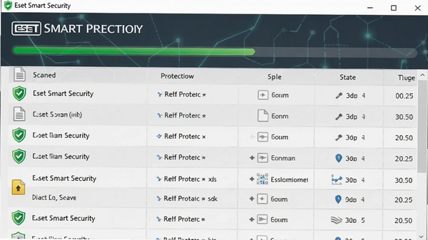 Eset Smart Securityʵʱ�������棬��ʾ����ɨ���ļ��Ķ�̬���������ļ��б�������ɫ����ͼ�꣬����Ϊǳ��ɫ�Ƽ����񣬽�������չʾ����״̬��������רҵ���