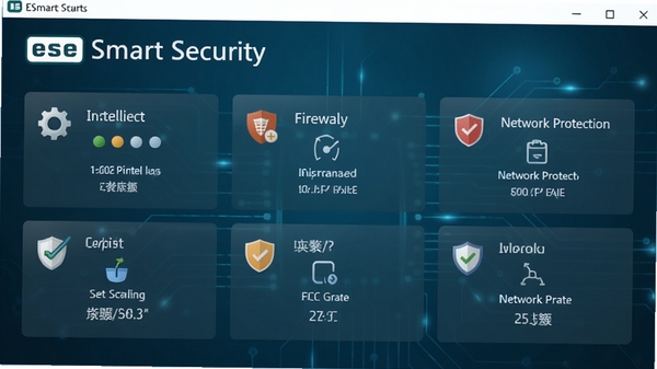 һ��չʾEset Smart Security������ĸ����ͼ������������ʾ����ɨ�衢����ǽ����������Ⱥ��Ĺ���ģ�飬���������ִ�������Ϊ����ɫ�Ƽ��н��䣬���������ڽ������Ͻ���Ŀչʾ