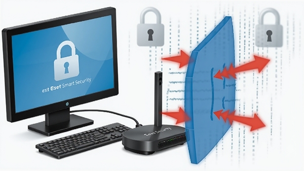 һ����ͥ���绷���У�Eset Smart Security����ǽ���ڵ����ⲿ�ڿ͹�����ʾ��ͼ��������ʾһ̨��������·��������Χ�к�ɫ��ͷ����ɫ�������أ�����������ͼ�꣬���дʵ����