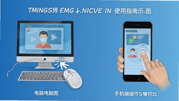 英语全程导师使用指南示意图,显示电脑端和手机端操作对比,左侧为鼠标点击示意图,右侧为手指滑动示意图,背景为蓝色渐变,图标风格