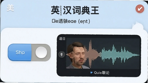 英汉词典王发音功能界面,显示美音和英音切换按钮,带有跟读波形对比图,界面友好互动性强