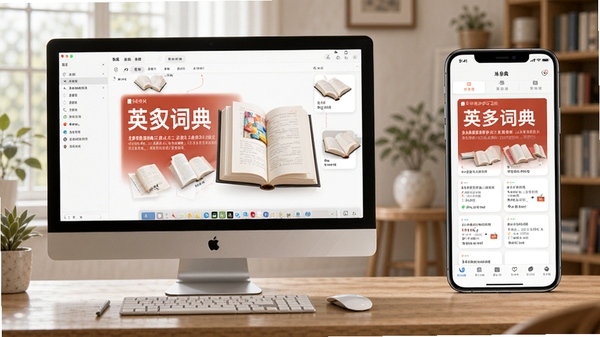 英汉词典王多设备使用场景图,左侧为电脑端界面,右侧为手机端界面,体现跨平台同步学习的便捷性