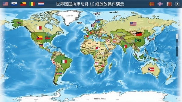 世界各国地图与国旗2地图缩放操作演示,展示不同层级的地图细节