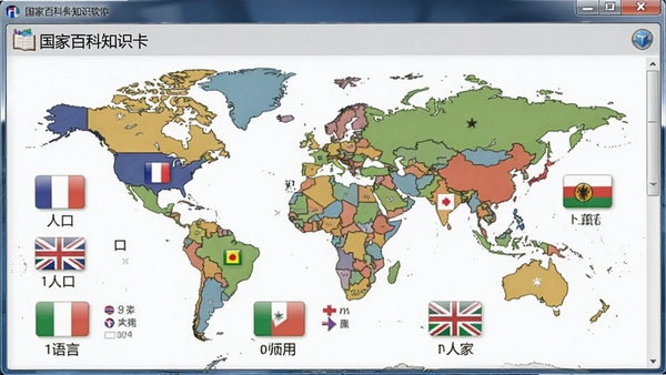 世界各国地图与国旗2软件中“国家百科知识卡”的界面,展示法国的人口、首都、语言等数据图标