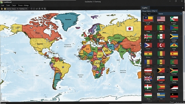 世界各国地图与国旗2软件的整体界面截图,展示世界地图与国旗列表的融合设计