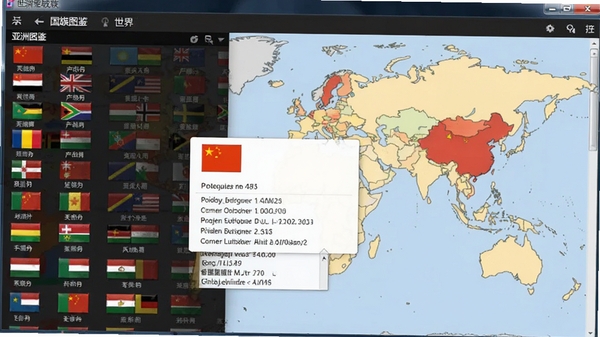 世界各国地图与国旗2软件中的国旗图鉴界面,展示亚洲区域国旗列表,点击中国国旗弹出详细信息卡片