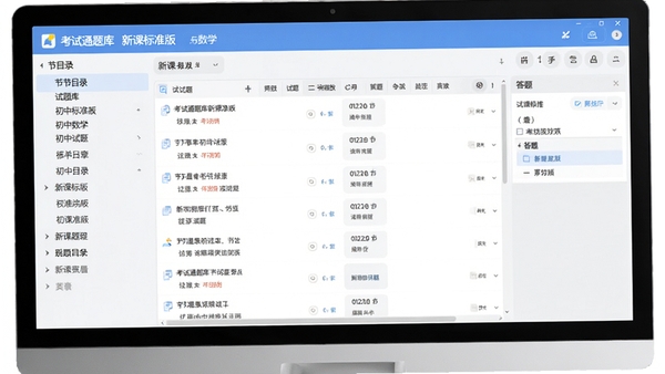 考试通题库新课标版初中数学软件主界面展示,左侧为章节目录,右侧为试题列表与答题区域,整体风格清爽简洁