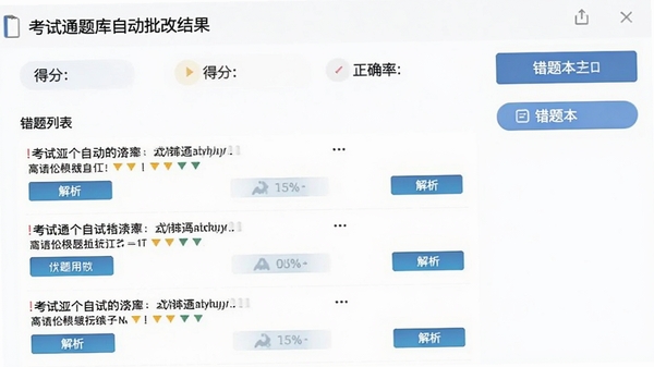 考试通题库自动批改结果页面,显示得分、正确率以及错题列表,每题下方有解析按钮,右侧为错题本入口
