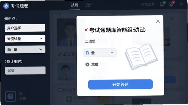 考试通题库软件智能组卷功能,用户选择知识点和难度后生成试卷,显示试卷标题、题量和预计用时,并有开始答题按钮