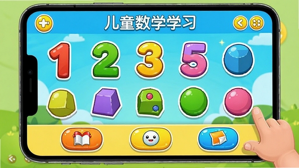儿童数学学习软件主界面展示图,包含卡通数字、彩色几何图形和互动游戏按钮,界面明亮活泼