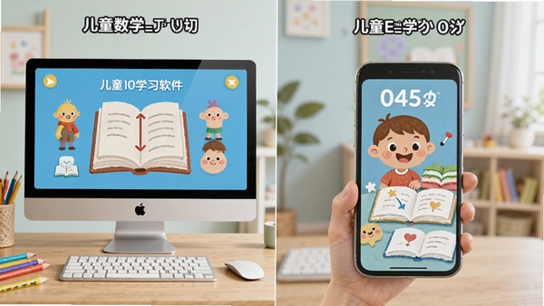 儿童数学学习软件在电脑和手机上运行的对比图,展示不同设备的界面适配