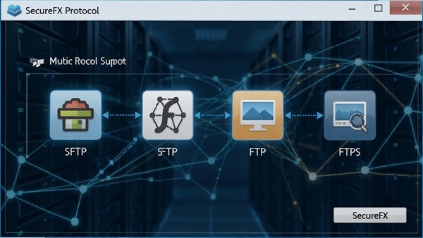 SecureFXЭ��ѡ����棬չʾSFTP��FTP��FTPS��ͼ�꣬����Ϊ��������������ͻ����Э��֧������