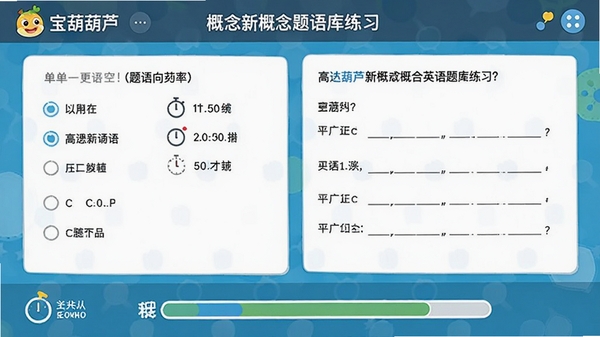 宝葫芦新概念英语题库练习界面,显示单选与填空题型,界面简洁,有计时器与进度条,体现高效刷题场景
