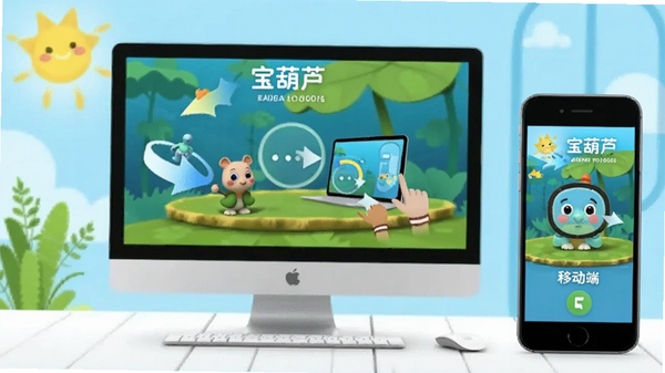 宝葫芦新概念英语使用指南示意图,展示电脑端与移动端同步功能,有同步箭头与设备图标,背景明亮简洁