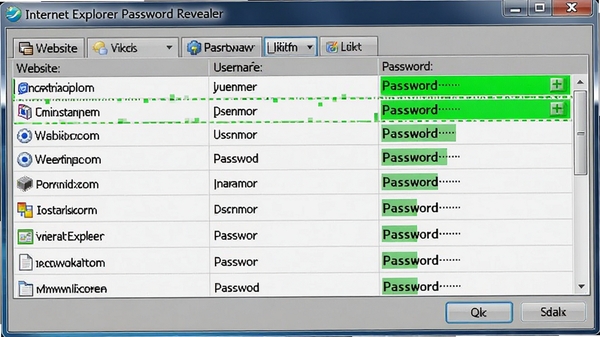 Internet Explorer Password Revealer������չʾ�����б���ÿ����ʾ��վ���û��������룬�����׶���������ɫ������ʾ�����ֶ�
