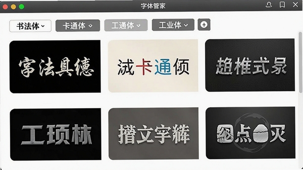 字体管家软件字体库展示界面,包含多个字体分类标签,如书法体、卡通体、工业体,每个字体均展示其独特风格预览图,画面丰富美观