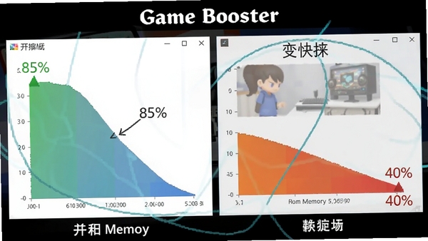 һ��GIF��ͼʾ�⣬չʾGame Booster�����ڿ���ǰ��ϵͳ�ڴ�ռ���ʴ�85%�轵��40%�ĶԱȻ��棬��������Ϸ�����ٶȱ��Ķ���Ч����