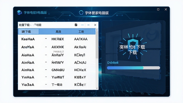 字体管家电脑版批量下载字体界面,显示字体列表和下载进度条,背景为科技感蓝色调,突出高效下载功能